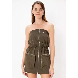 Zara Strapless Cargo Mini Dress Olive Green Parachute Zip Womens M NWT